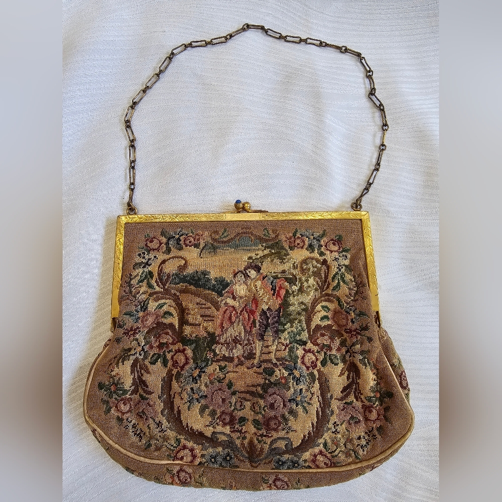 Vintage Antique Petit point Tapestry Clutch with Chain Handle